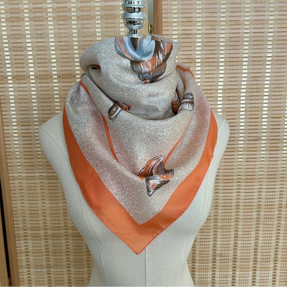 Vintage Orange & Cream Seashell Print Scarf Coastal Chic Square Scarf